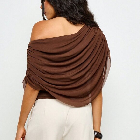 Brown Casual Women's Elegant Asymmetric Draped Off Shoulder Blouse - Picture 2 of 4